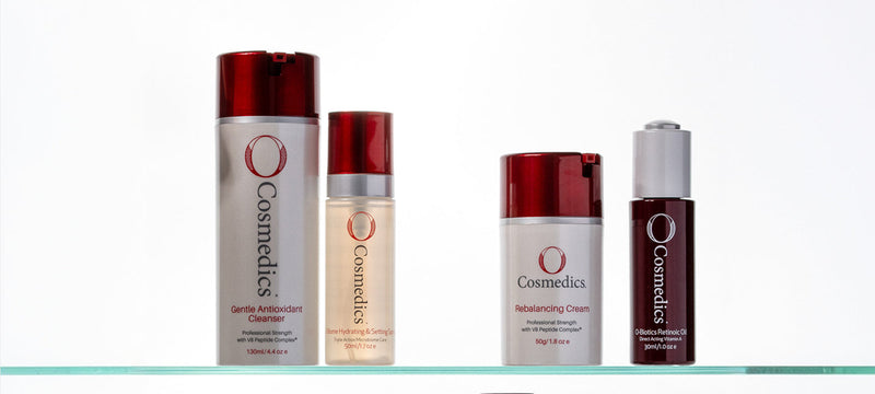 O Cosmedics skincare products including cleanser, serum and moisturiser used in a professional skincare routine